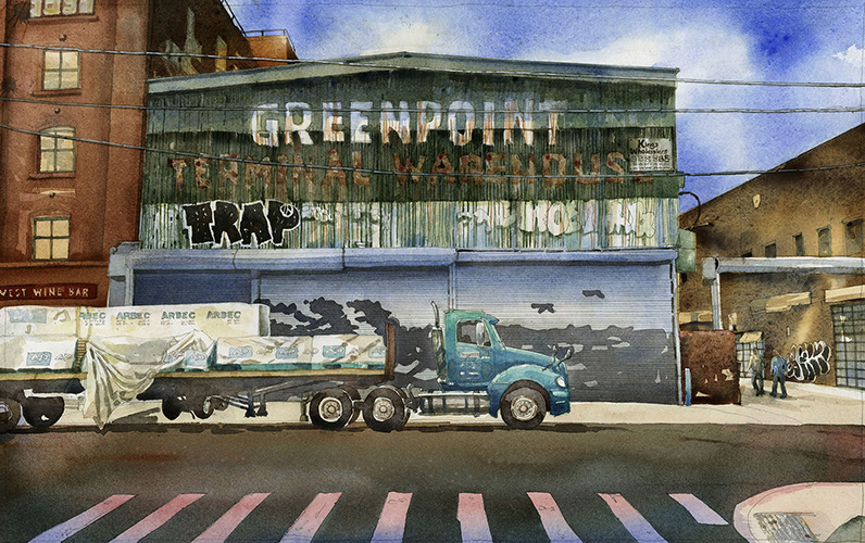 Greenpoint Terminal Warehouse, watercolor by Sven Johnson - Greenpointers